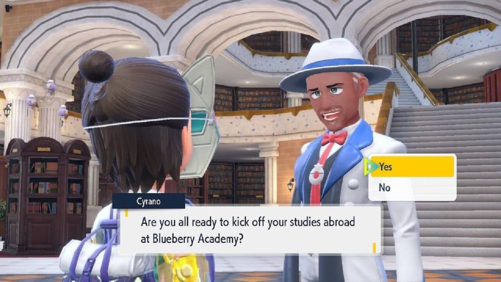 Professor Cyrano stands in front of a Pokemon trainer, saying "Are you all ready to klick off your studies abroad at Blueberry Academy?"