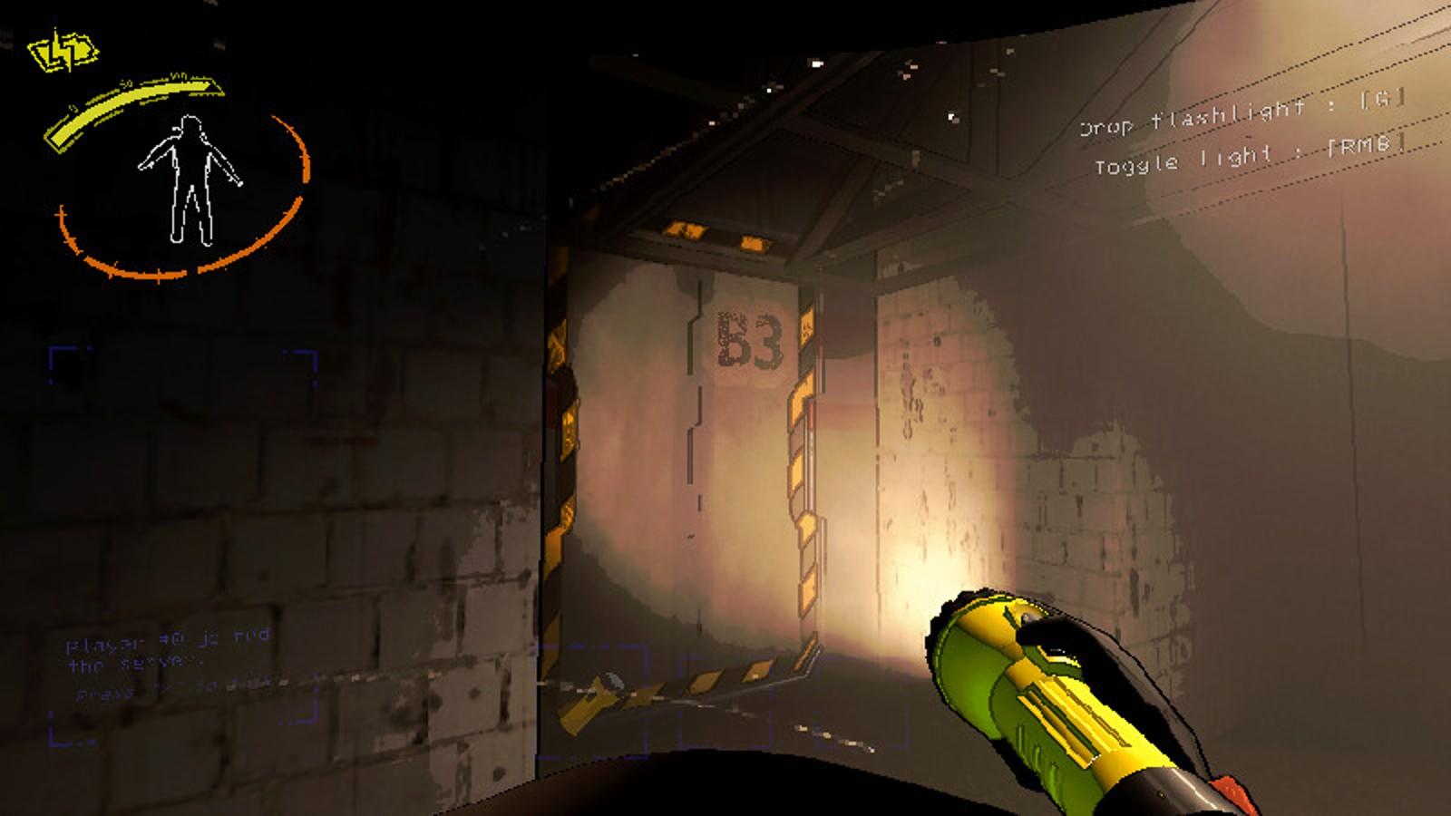 A screenshot from Lethal Company with a player using a flashlight.