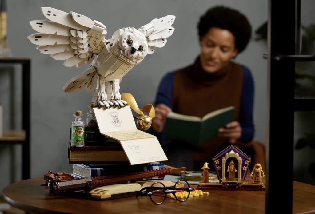 An adult reading a book with the LEGO Harry Potter Hogwarts Icons - Collectors' Edition set displayed in the foreground.