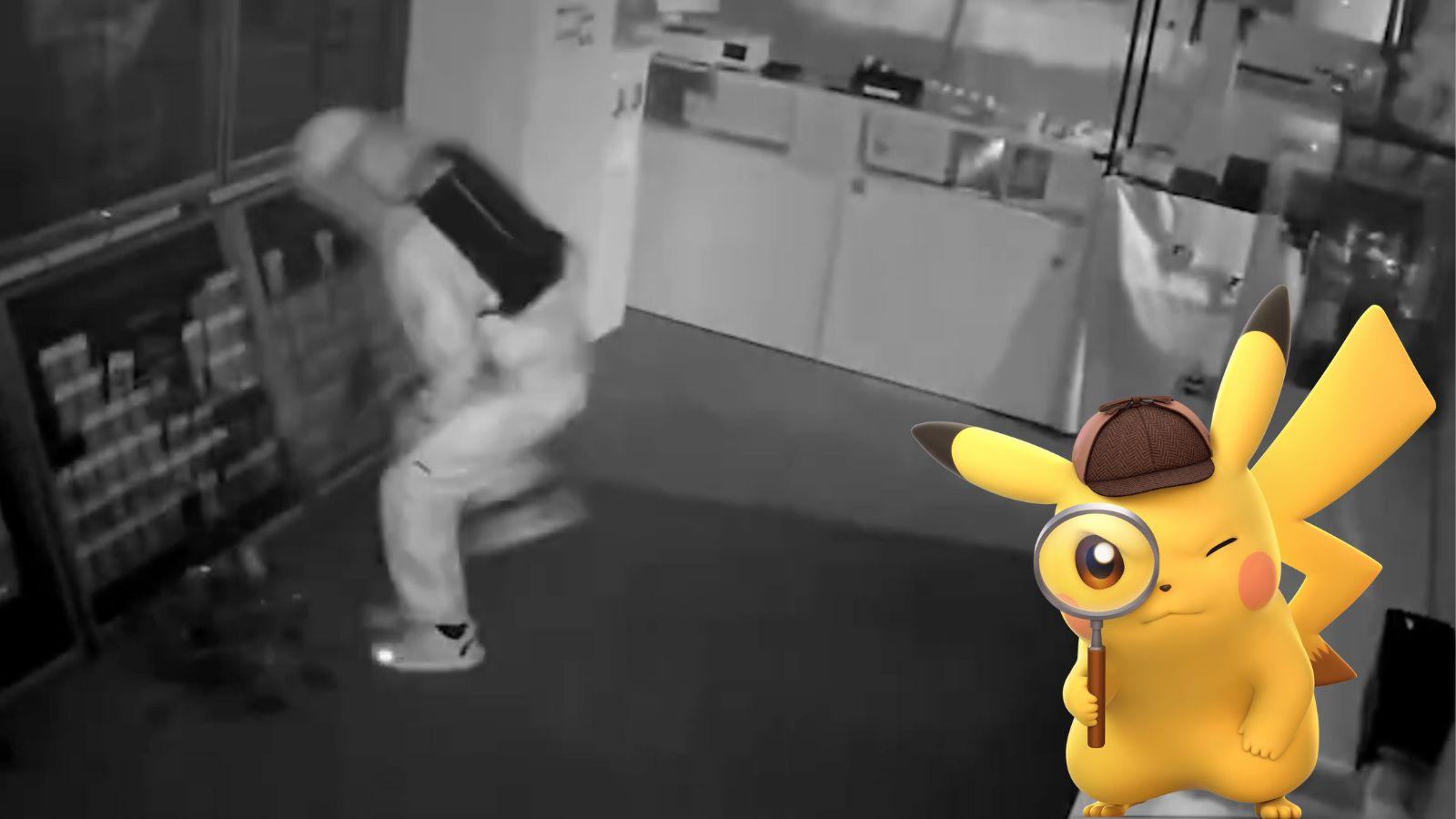 Footage of a Tokyo card store robbery showing a man with a backpack smashing cases of cards and Detective Pikachu investigating the crime