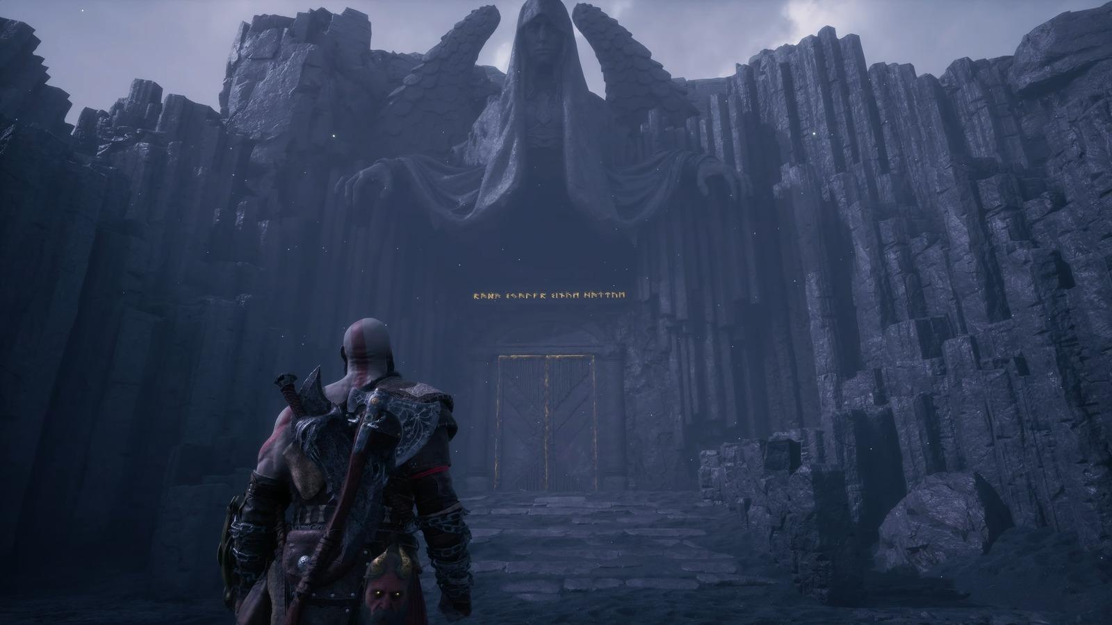 Kratos in front of the gates of Valhalla in God of War Ragnarok