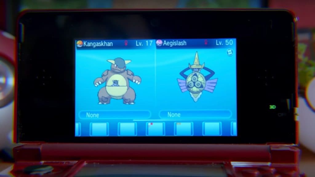 A Kangaskhan and an Aegislash in a dream ball on a Nintendo DS screen