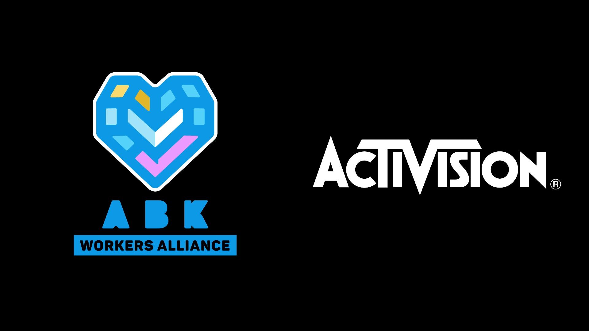 ABK Workers Alliance logo next to Activision logo on black background