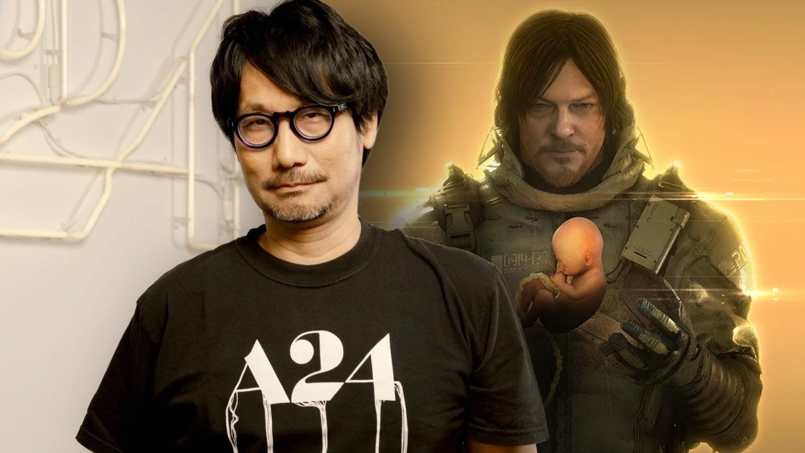 Hideo Kojima in an A24 top and an image from Death Stranding