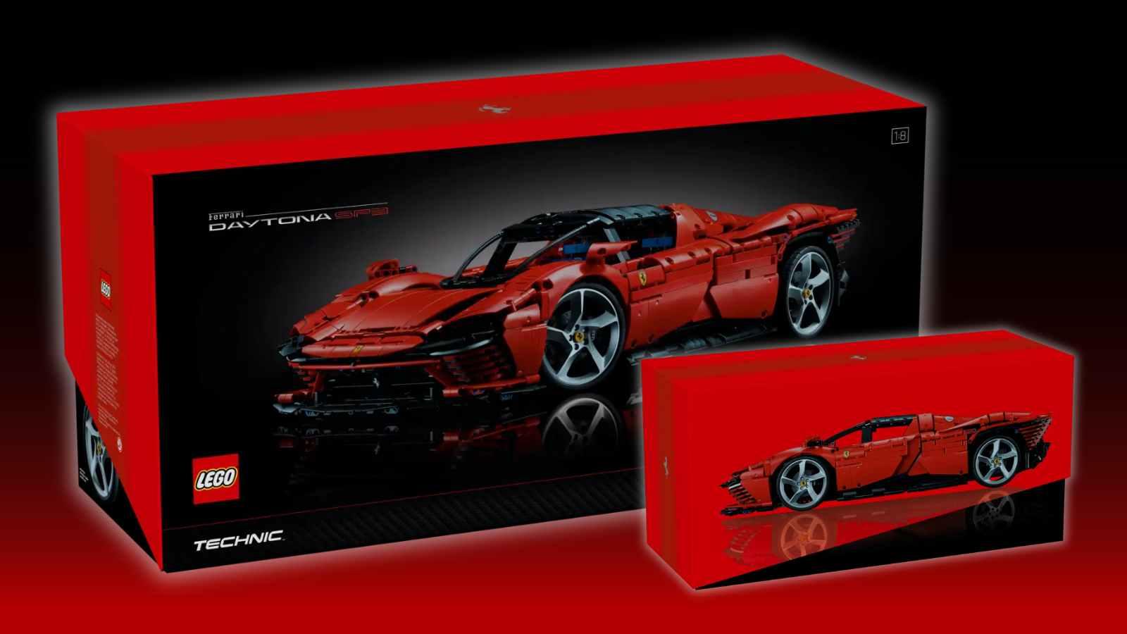 LEGO Technic Ferrari Daytona SP3 in box, displayed on black and red background