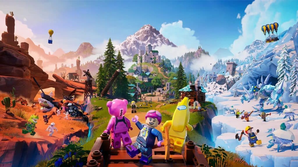 LEGO Fortnite art with characters facing the game's world