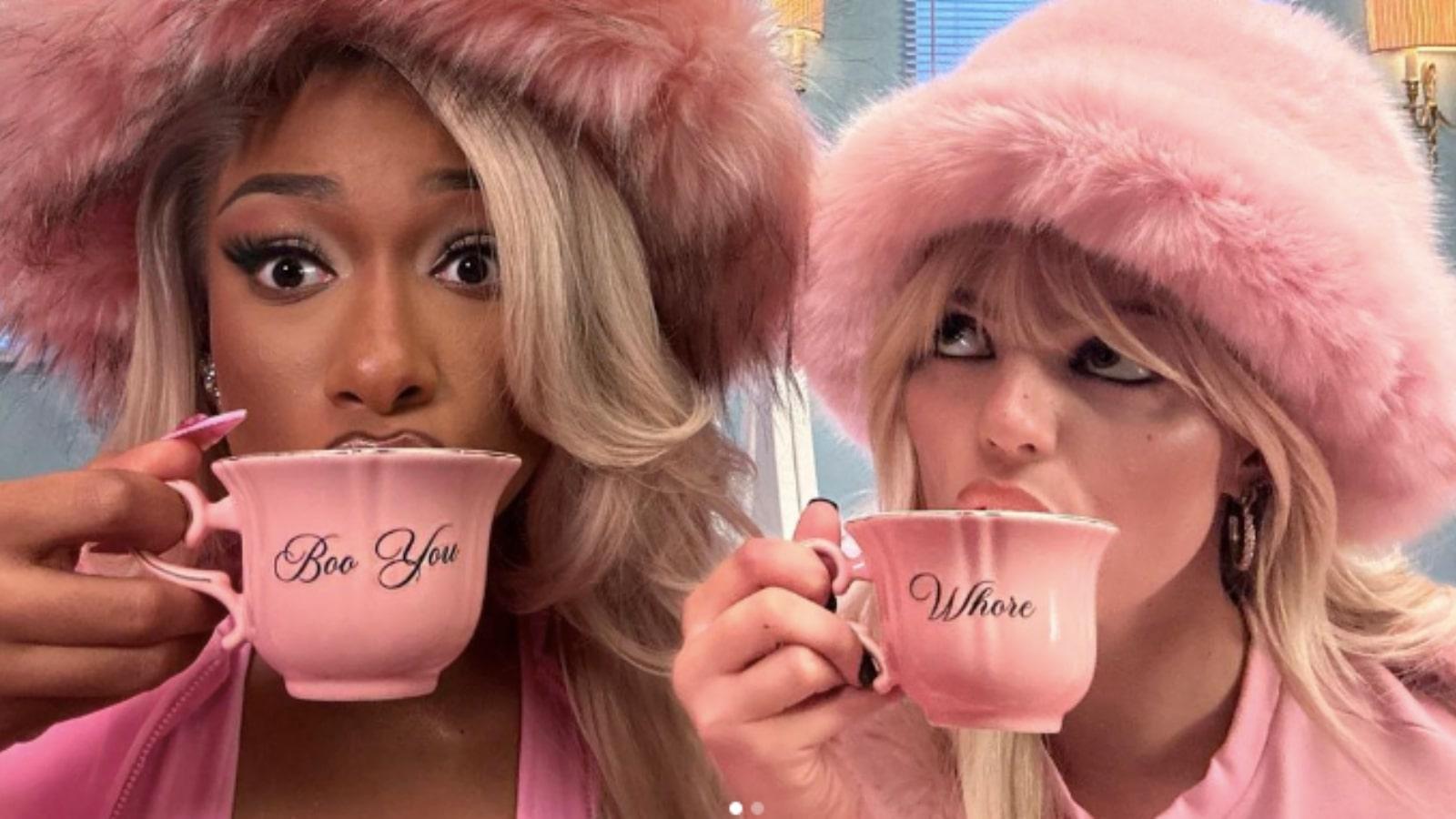 Megan Thee Stallion and Reneé Rapp sipping tea in pink outfits