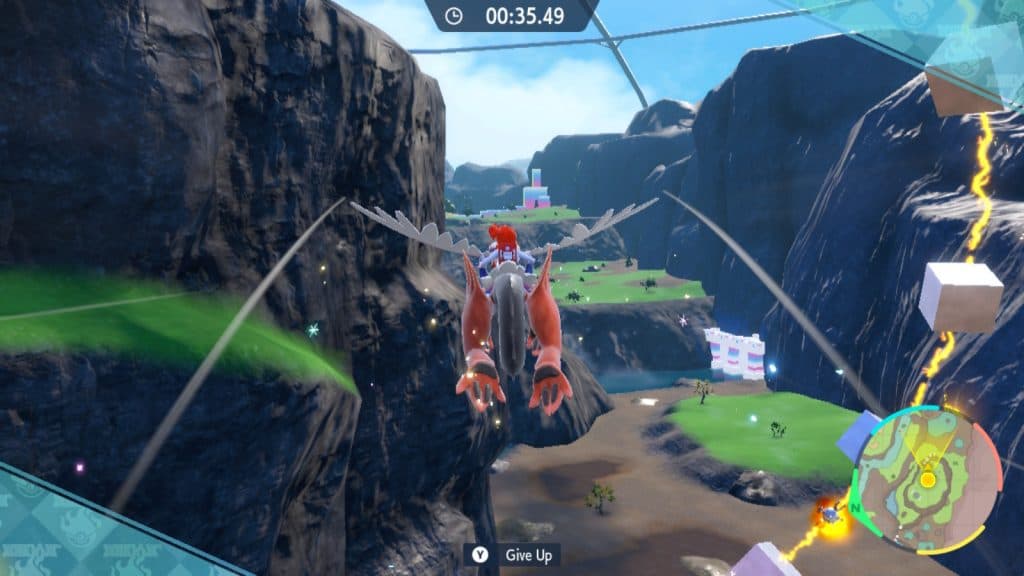 A player riding on Koraidon in the Flying Time Elite Trial in Pokemon Scarlet and Violet's Indigo Disk DLC