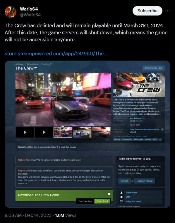 Wario64 X post about Ubisoft shutting down The Crew servers
