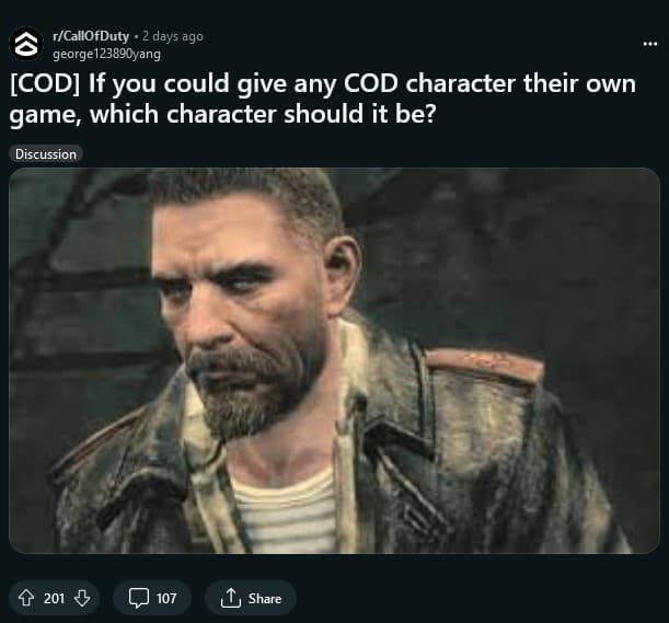 Reddit post about characters getting sologames with a picture of Reznov