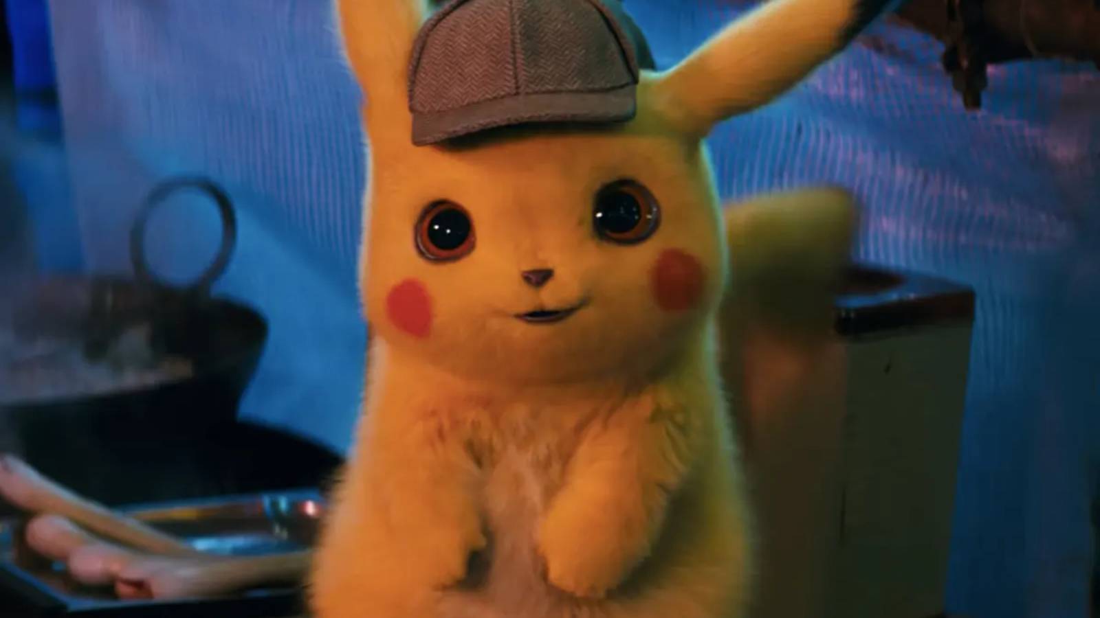 A screenshot from the Detective Pikachu movie shows a realistic looking Pikachu in a market