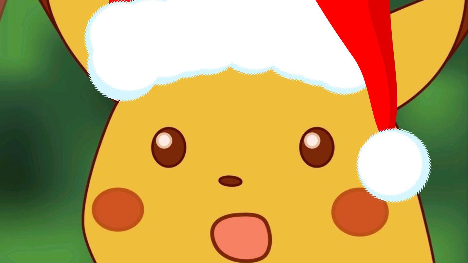 Pikachu with its mouth agape wearing a Santa hat