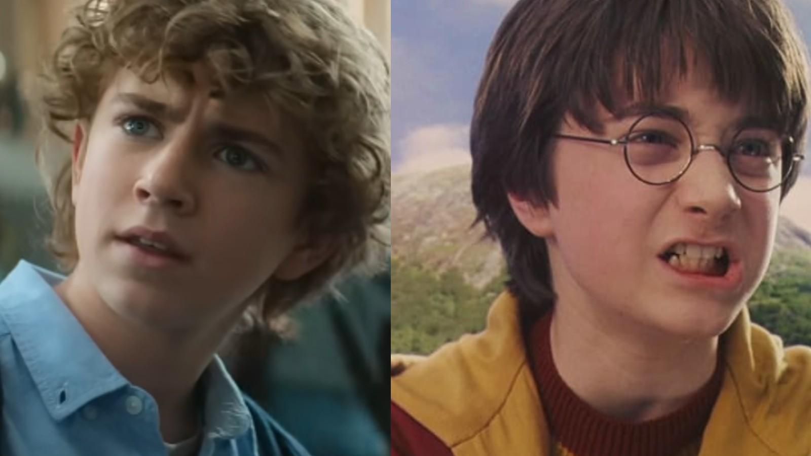 Walker Scobell as Percy Jackson and Daniel Radcliffe as Harry Potter