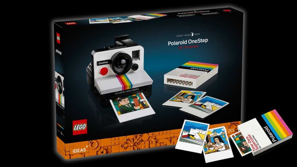 The LEGO Ideas Polaroid Camera set's box on a black background.
