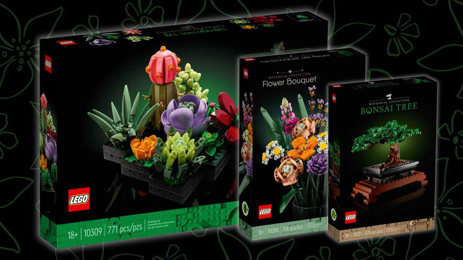 Three of the botanical-inspired LEGO Icons sets that are on discount at Walmart on a black background with floral graphics