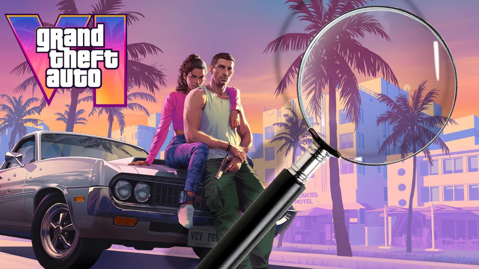 GTA 6 artwork with a magnifying glass