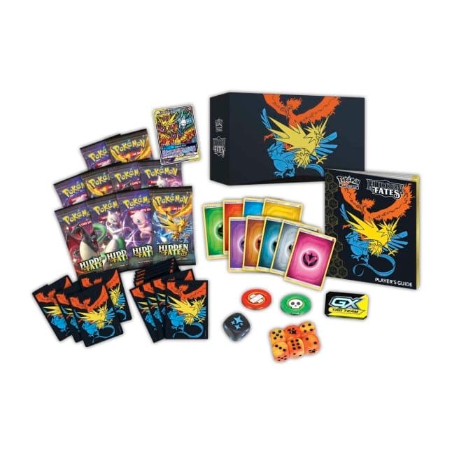 Hidden Fates ETB box, showing energy cards trainer tools and booster packs
