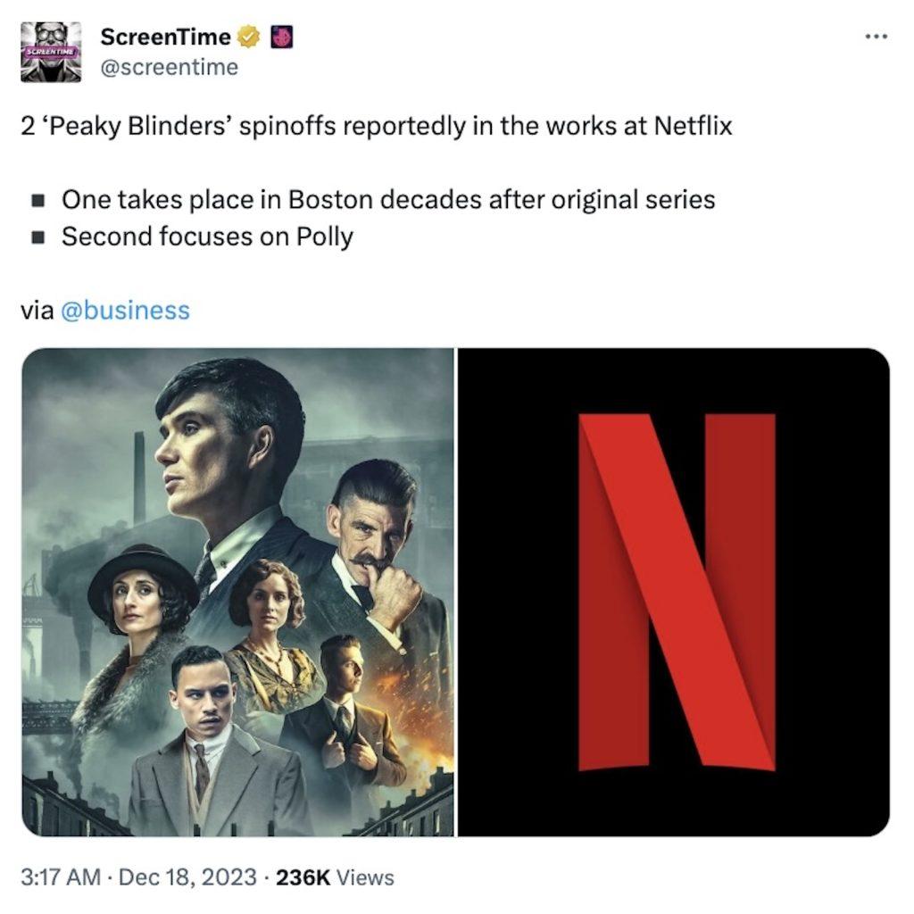 Still of tweet about Netflix's Peaky Blinders spinoffs