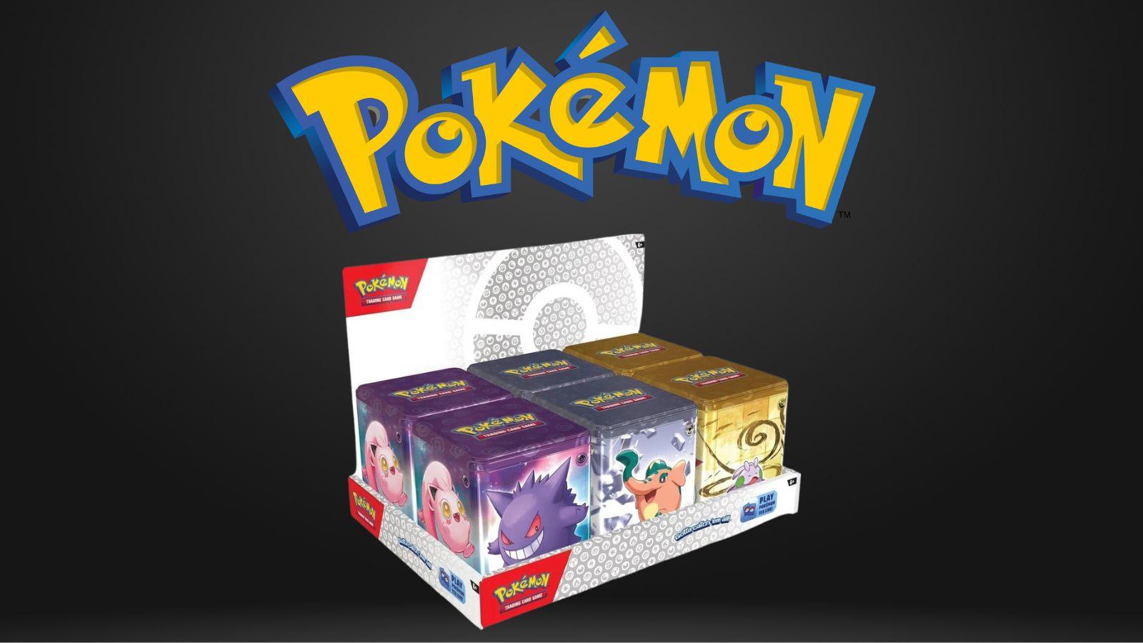 Upcoming Pokemon TCG stackable tins featuring Fufant, Gengar, Screaming Tail and Goomy