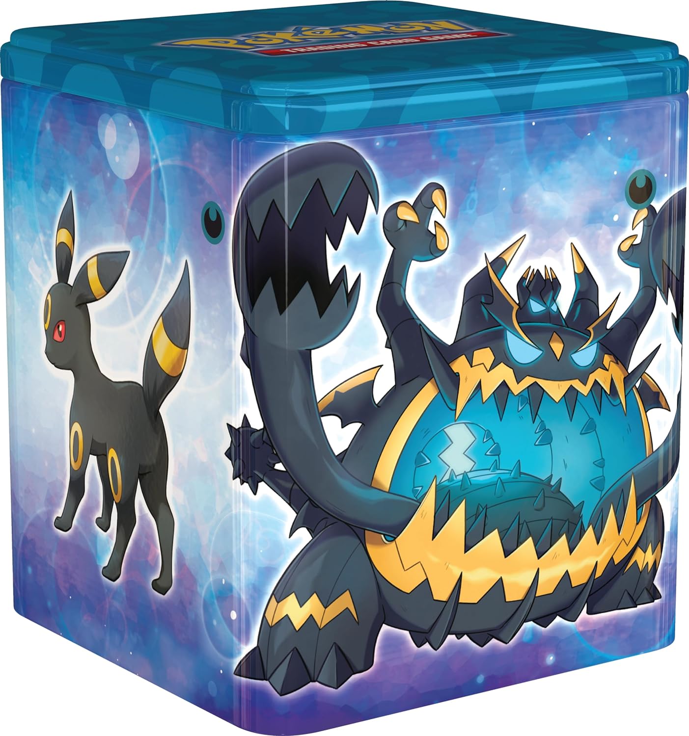 Stacking Pokemon TCG tin showing Umbreon and Guzzlord