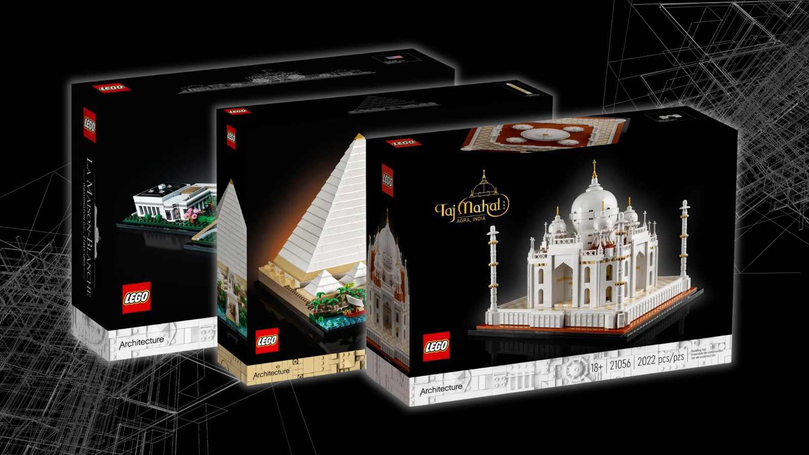 LEGO Architecture sets for adults aged 18 and up on black background with building graphics