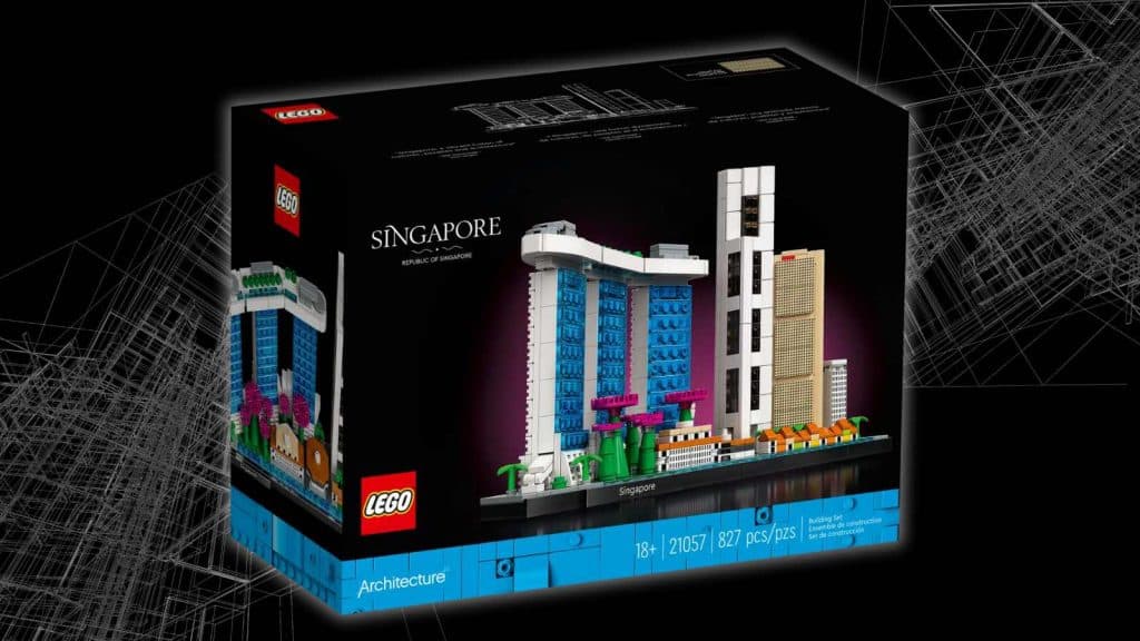 LEGO Architecture Singapore set on black background with architecture graphics.
