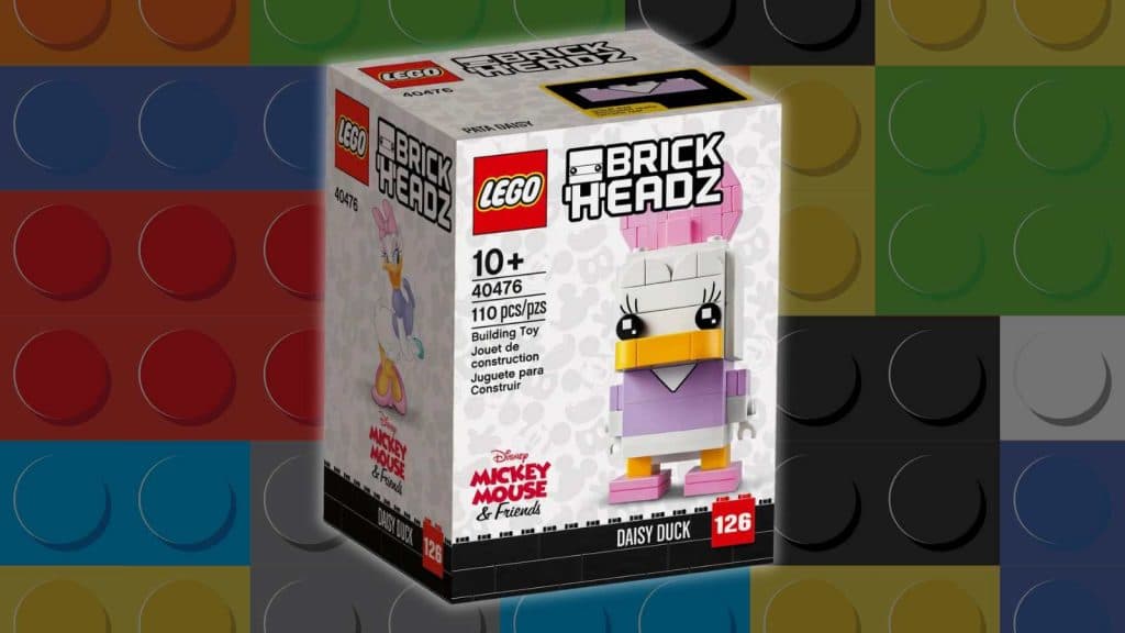 The LEGO-reimagined Daisy Duck on a LEGO brick background