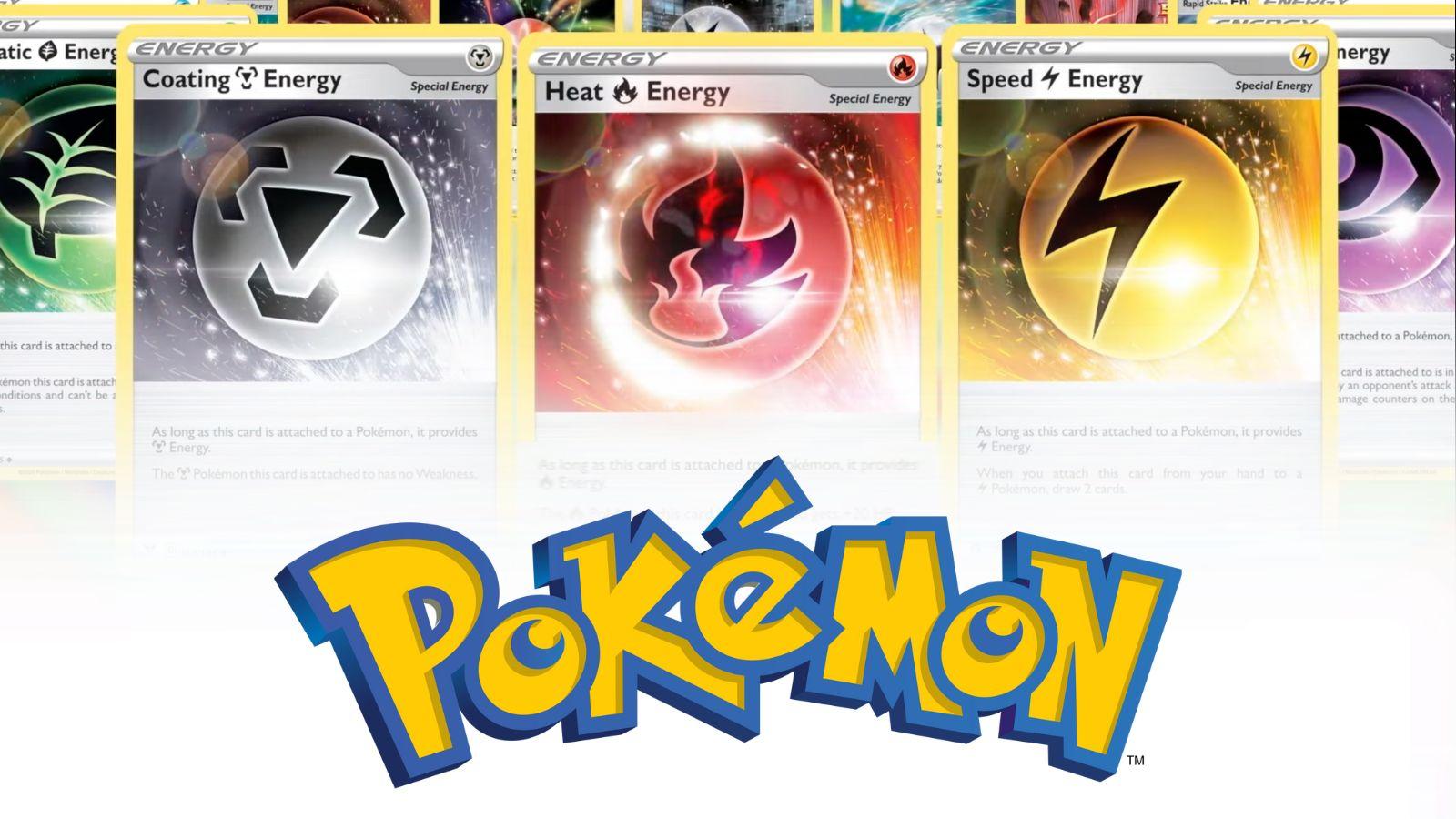 Pokemon TCG Most Valuable Energy Cards To Add to your Collection article banner featuring metal, fire, electric, grass and psychic energies and a Pokémon logo