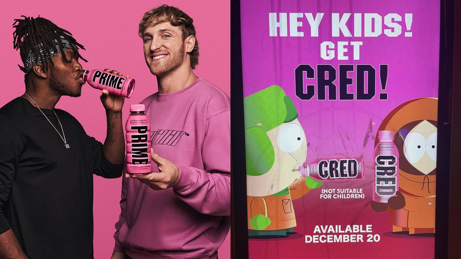 KSI and Logan Paul with Prime Strawberry Watermelon bottle next to South Park Prime parody ad