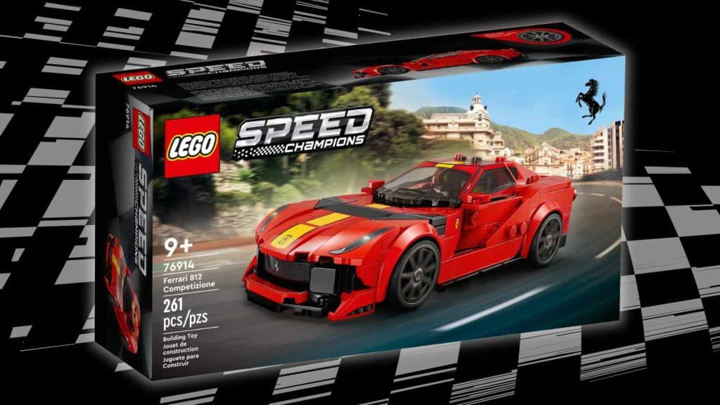 LEGO-reimagined Ferrari 812 Competizioneon a black background with racing-flag graphics