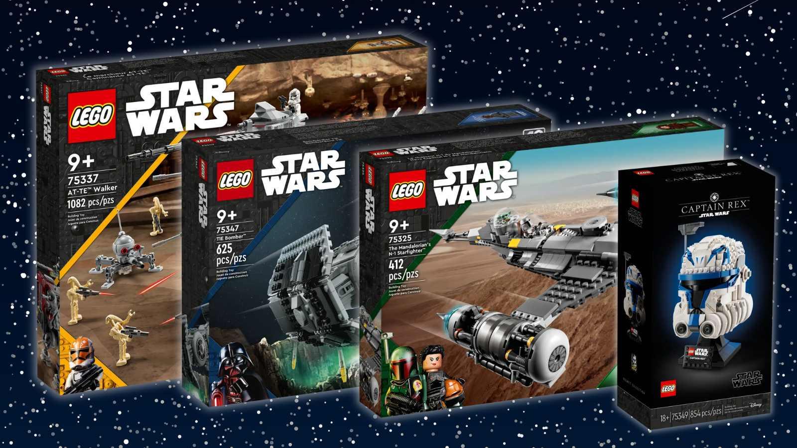 LEGO Star Wars sets on a space background.