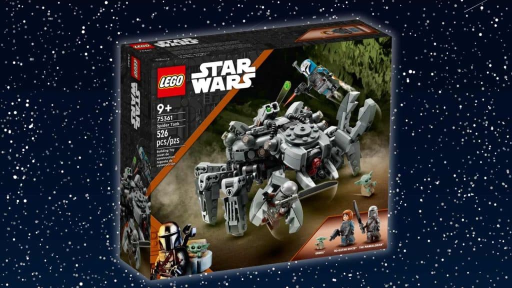 The LEGO-reimagined Spider Tank on a space-inspired background