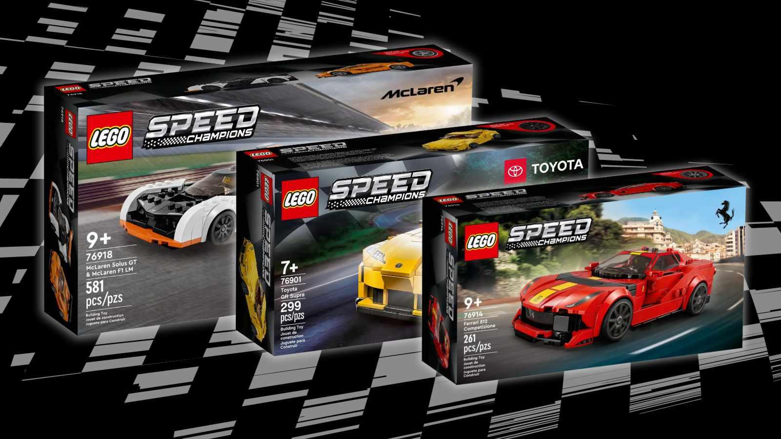 Three LEGO Speed Champions sets on a black background with racing-flag graphics