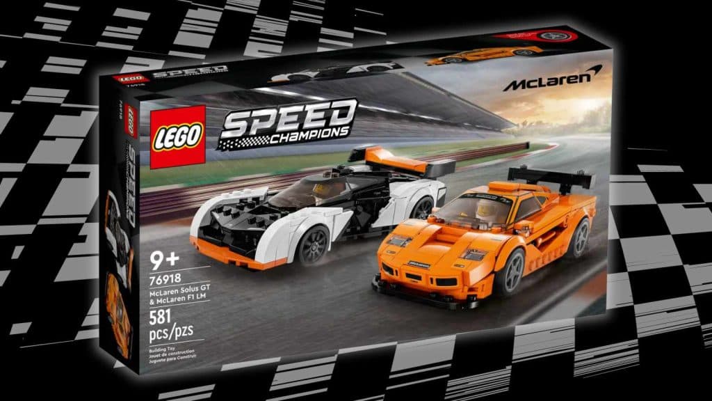 LEGO Speed Champions McLaren Solus GT & McLaren F1 LM on a black background with racing-flag graphics