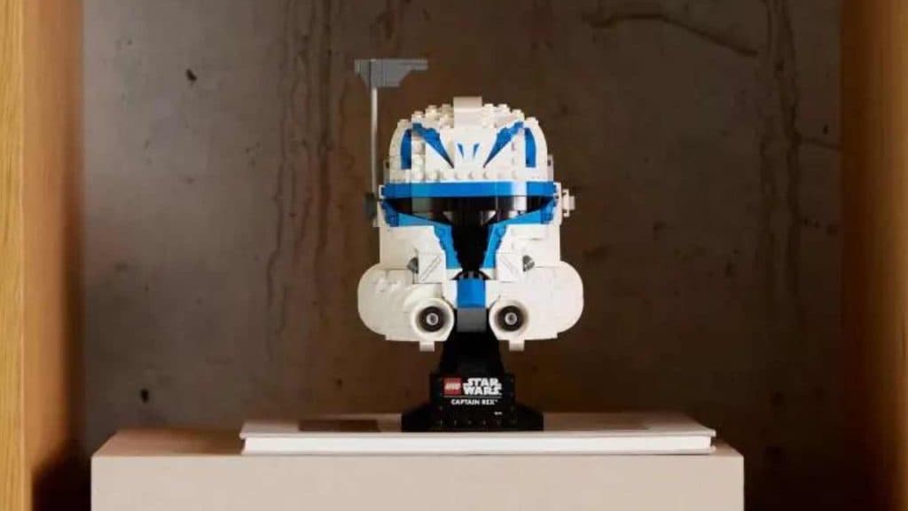 The LEGO-reimagined Captain Rex Helmet on display.
