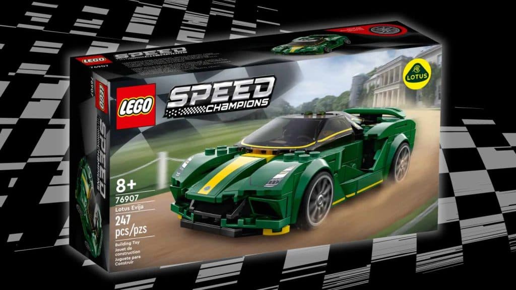 LEGO Speed Champions Lotus Evija on a black background with racing-flag graphics.