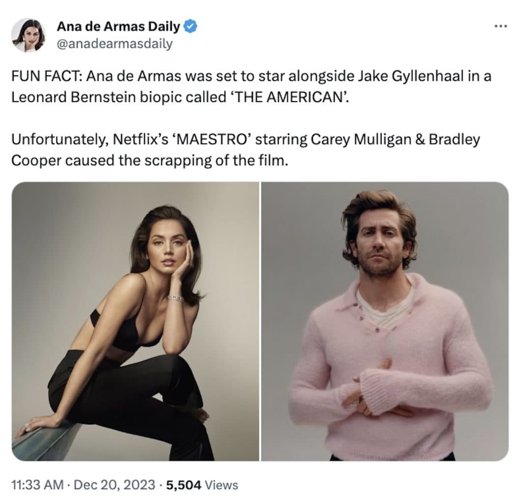Tweet about scrapped Leonard Bernstein movie with Ana de Armas and Jake Gyllenhaal