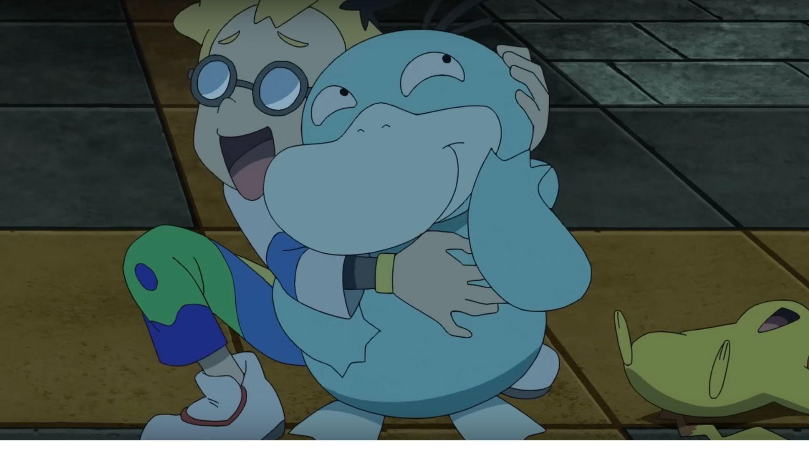 Pokemon trainer hugging a shiny Psyduck