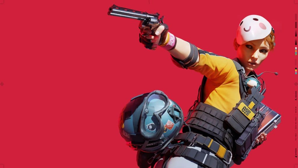 The Final concept art of character holding pistol against red background