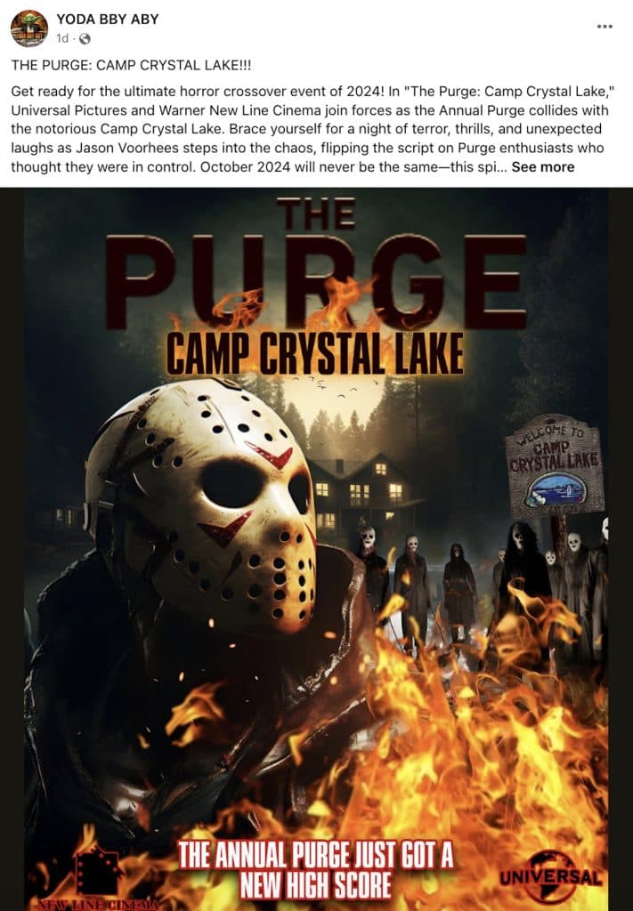 Still of Facebook post about fake Friday the 13th / The Purge crossover movie