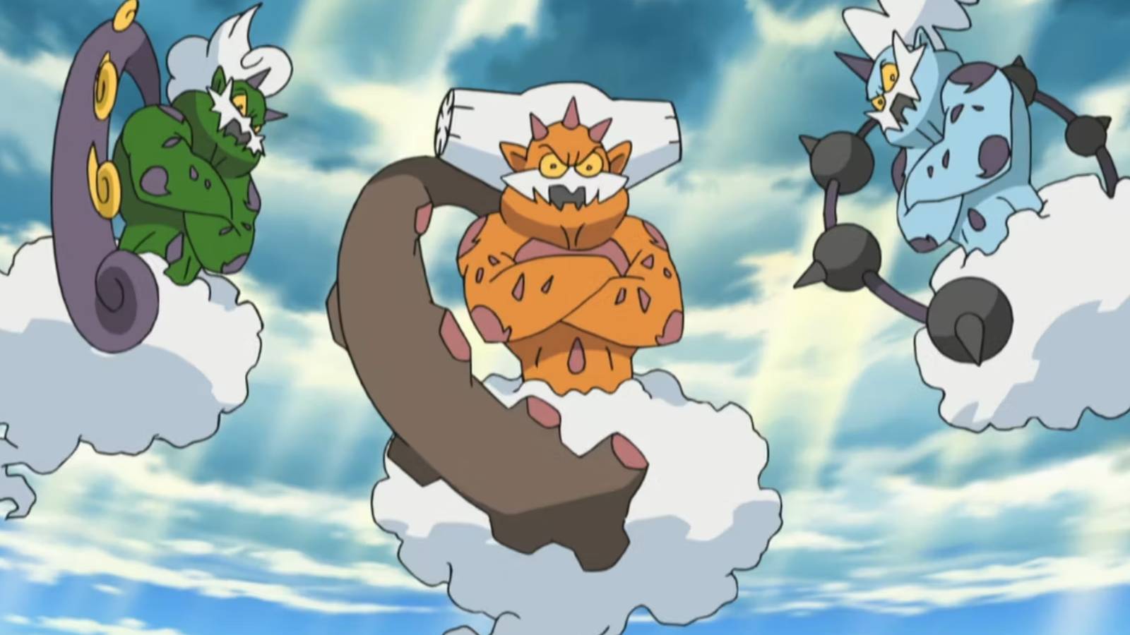 The Pokemon Landorus, Tornadus, and Thundurus, float in the sky