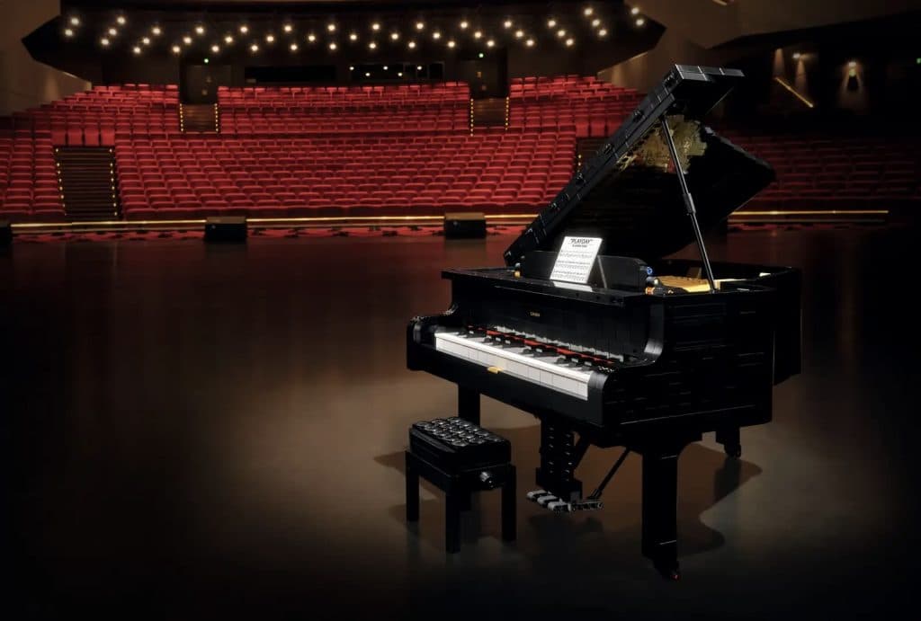 LEGO Ideas Grand Piano on stage at a concert hall.