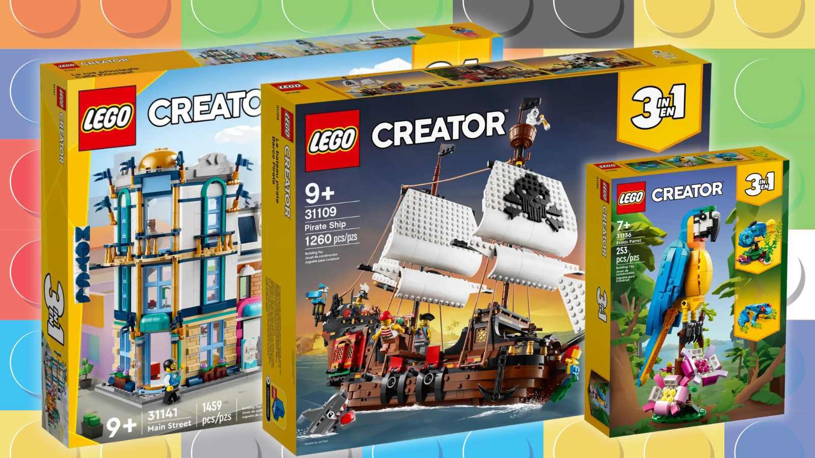 Three LEGO Creator 3in1 sets on a LEGO-inspired background.