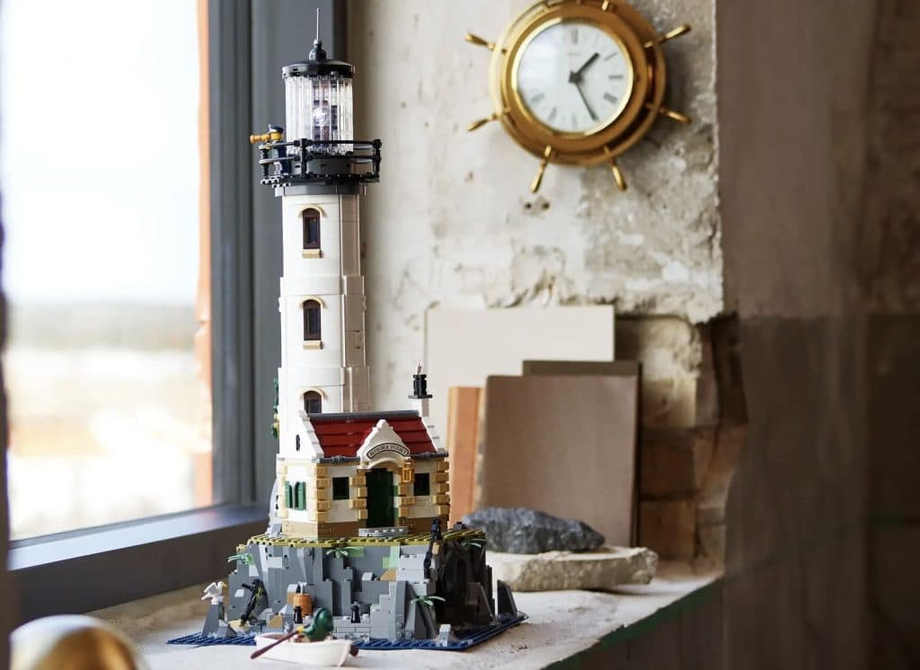 LEGO Ideas Motorized Lighthouse on display.