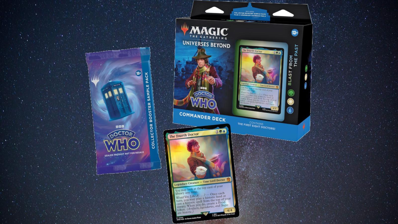 MTG Doctor Who Blast from the Past deck box, booster and card