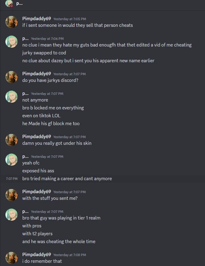 A discord conversation between Twitter user @Adayumz and another individual discussing cheating in Apex Legends