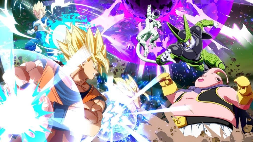 Z fighters fighting Cell, Buu and Frieza in Dragon Ball FighterZ