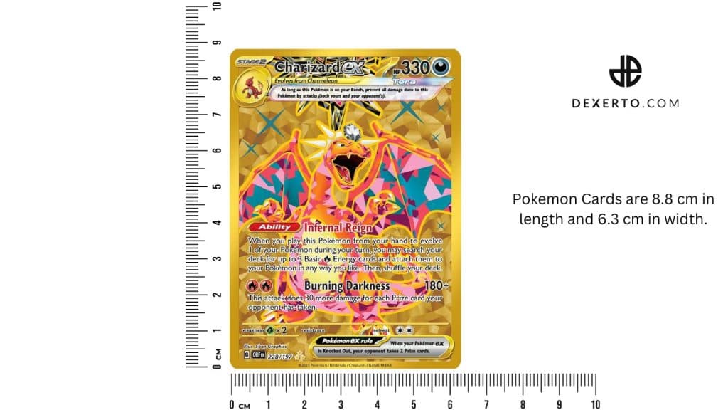 Charizard ex Pokemon card, there is two rulers displayed on either side of it. The text reads that Pokemon cards are 8.8 x 6.3 cm.