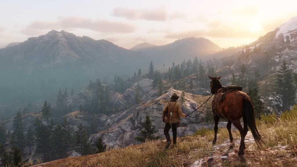 An image from Red Dead Redemption 2 of Arthur Morgan and a horse.
