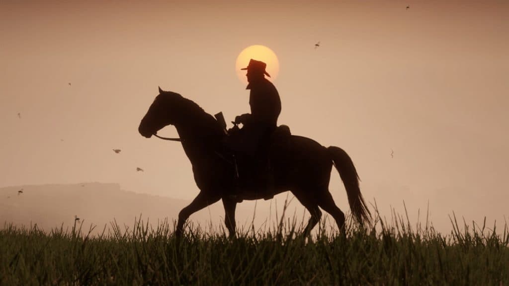 An image of Arthur Morgan on a horse in RDR2.